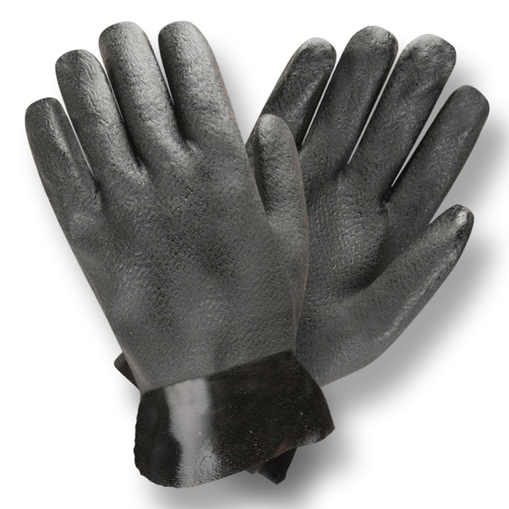Black Double Dipped Etched Grip PVC Supported Gloves/Interlock Lined, 1 dozen (12 pairs) - Gorvex.com