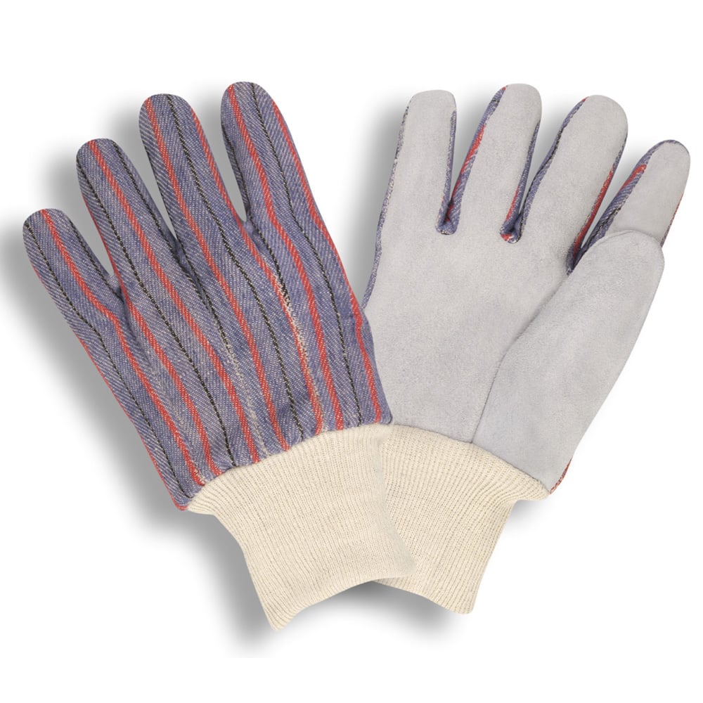 Cordova Clute Cut Leather Palm Gloves/Striped Canvas Back + Knit Wrist, 1 dozen (12 pairs) - Gorvex.com