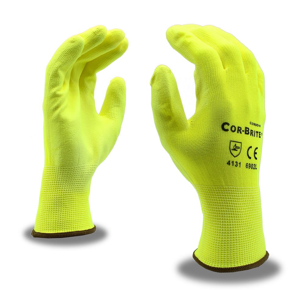 Cordova COR - BRITE™ Hi Vis Polyester Gloves with PU Palm Coating, 1 dozen (12 pairs) - Gorvex.com
