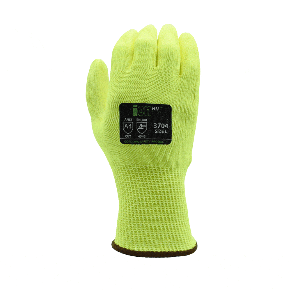 Cordova ION - HV™ Hi - Vis HPPE PU Palm Coated Gloves, ANSI Cut A4, 1 pair - Gorvex.com