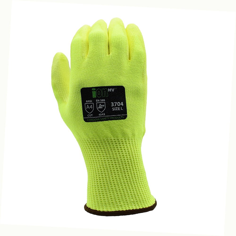 Cordova ION - HV™ Hi - Vis HPPE PU Palm Coated Gloves, ANSI Cut A4, 1 pair - Gorvex.com