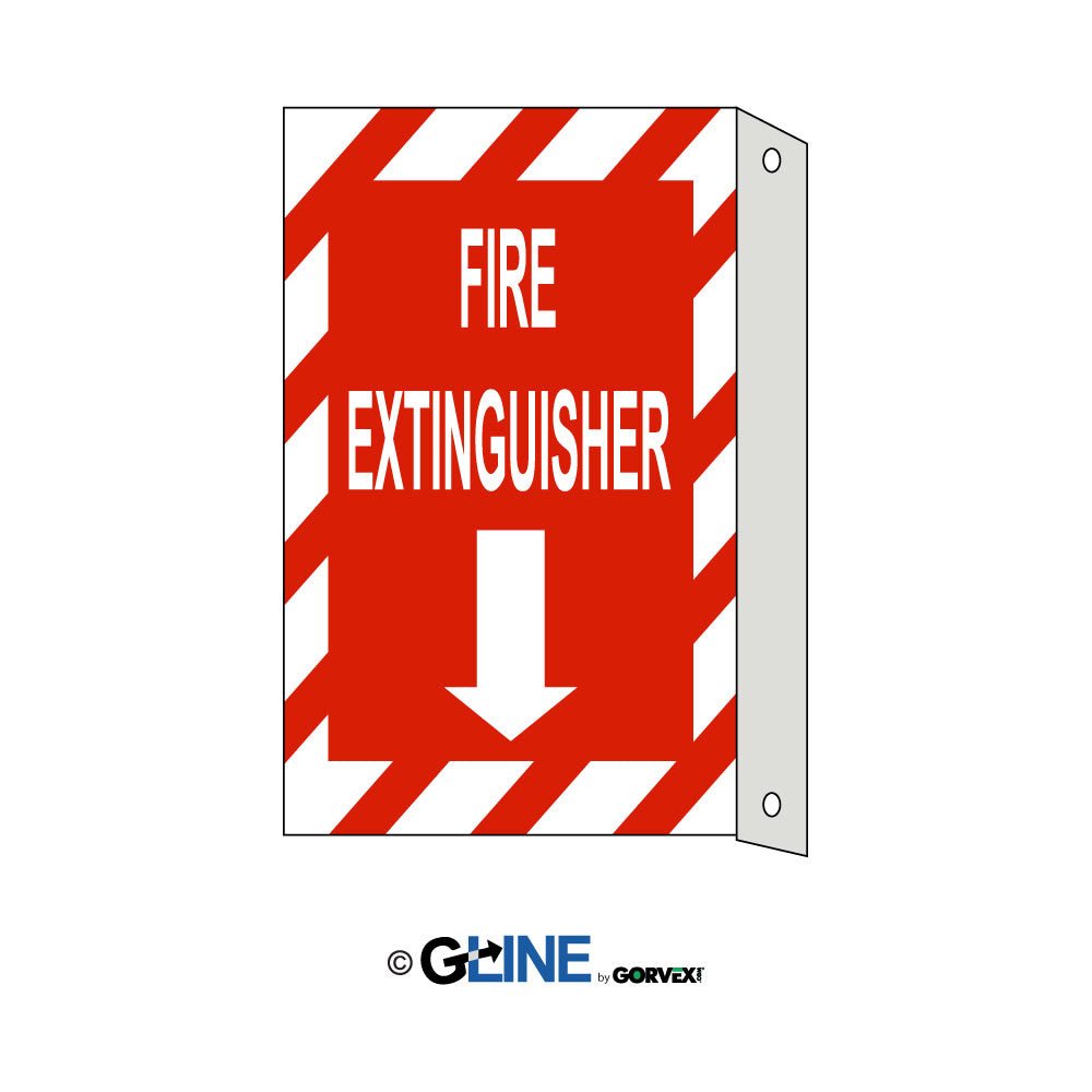 Fire Extinguisher Down Arrow Red/Wht Stripe Border With Flange Sign - Gorvex.com
