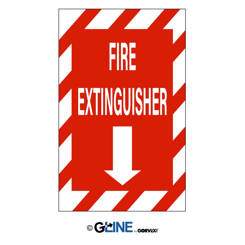 Fire Extinguisher With Down Arrow With Red & Wht Stripe Border Sign - Gorvex.com