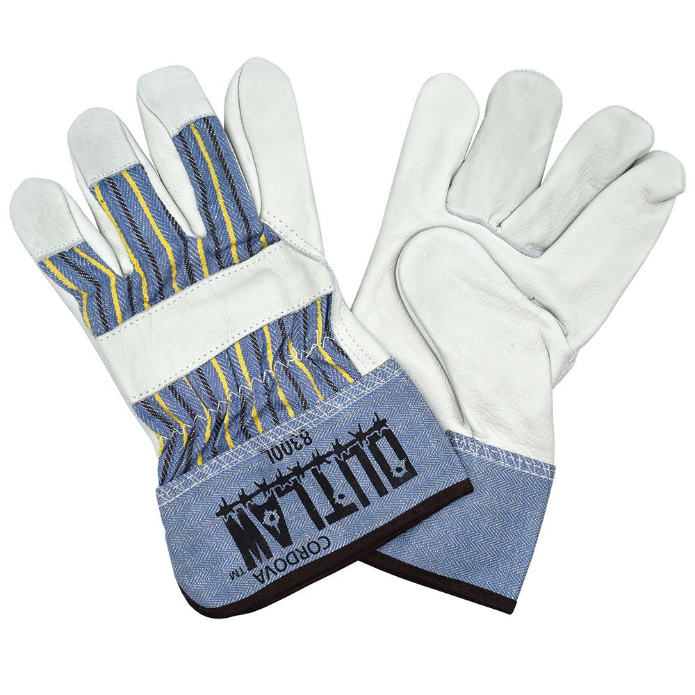 Outlaw™ Premium Leather Palm Glove with Striped Canvas Back + 2.5" Cuff, 1 dozen (12 pairs) - Gorvex.com