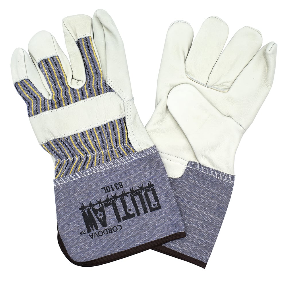 Outlaw™ Premium Leather Palm Glove with Striped Canvas Back + 4.5" Cuff, 1 dozen (12 pairs) - Gorvex.com