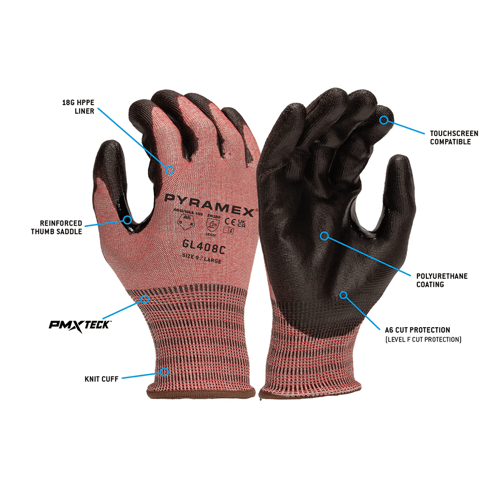 Pyramex GL408C A6 Cut PU Palm Coated Gloves with PMXTECK Material, 1 pair - Gorvex.com