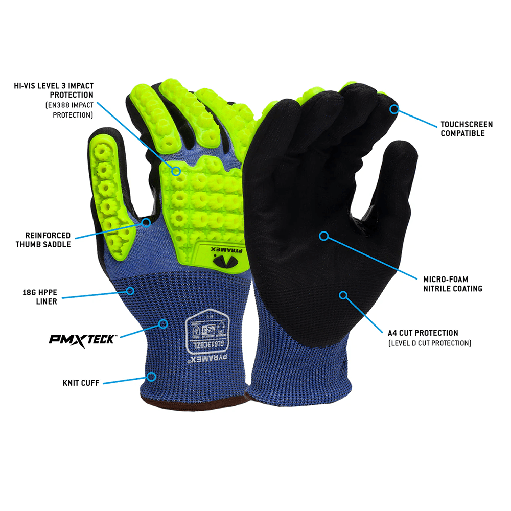 Pyramex GL613CBZ A4 Cut Impact Level 3 Nitrile Coated Gloves with Hi - Vis TPR, 1 pair - Gorvex.com