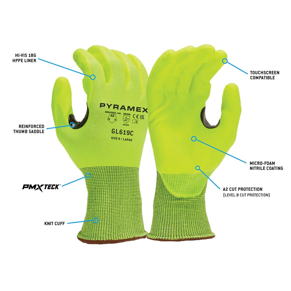 Pyramex GL619C Hi - Vis A2 Cut Nitrile Coated Gloves with Reinforced Thumb, 1 pair - Gorvex.com