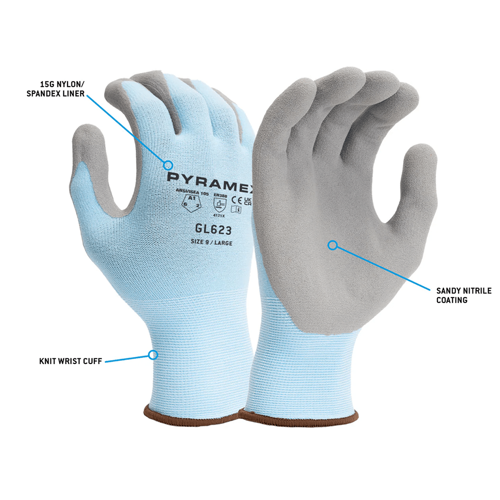 Pyramex GL623 15 mil Sandy Nitrile Palm Coated Gloves, 1 pair - Gorvex.com