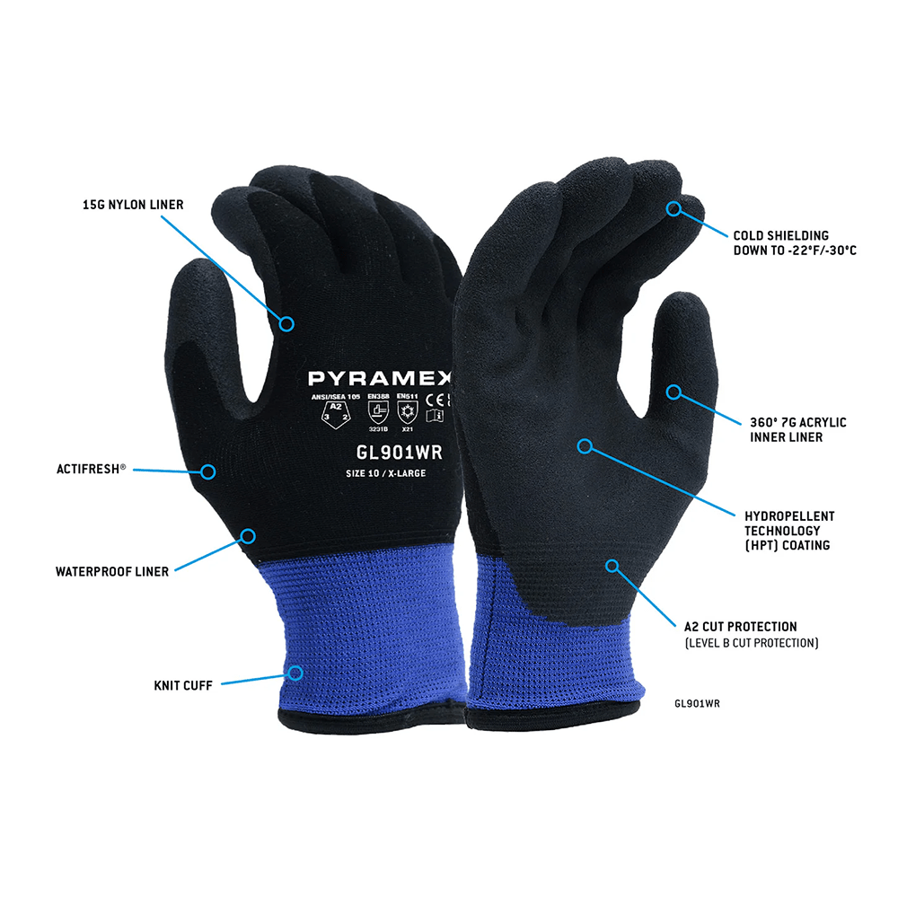 Pyramex GL901WR A2 Cut Waterproof Insulated HPT Palm Coated Gloves, 1 pair - Gorvex.com