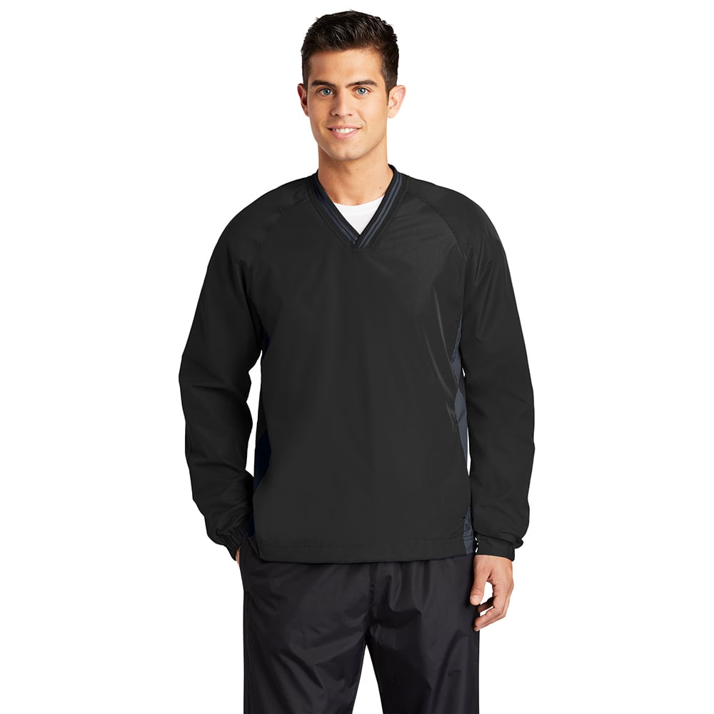 Sport-Tek JST62 Tipped V-Neck Raglan Wind Shirt - 100% Polyester, Mesh Gussets, Side Pockets