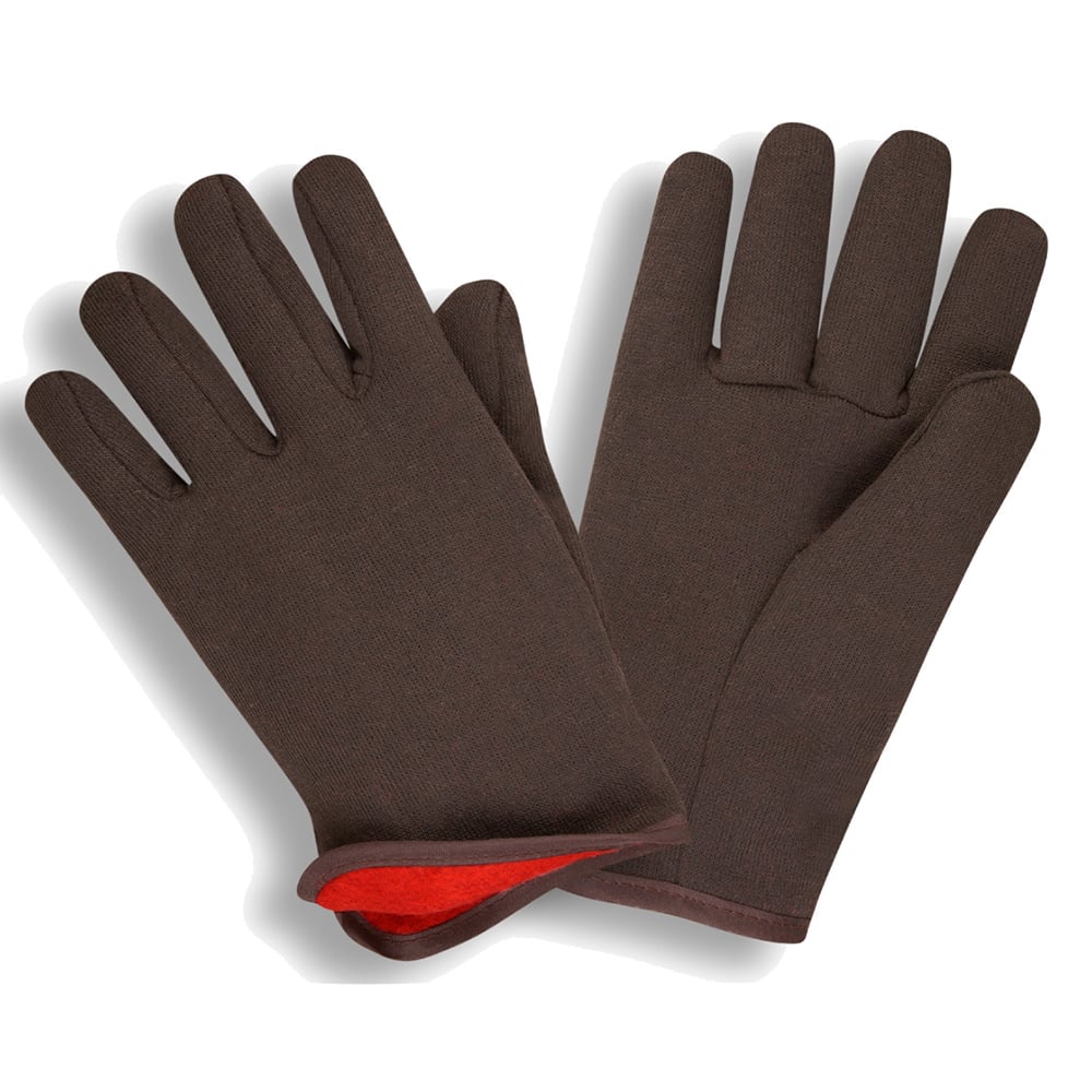 G-Line Red Fleece Lined Brown Jersey Gloves, Slip-On Style, 1 dozen (12 pairs)