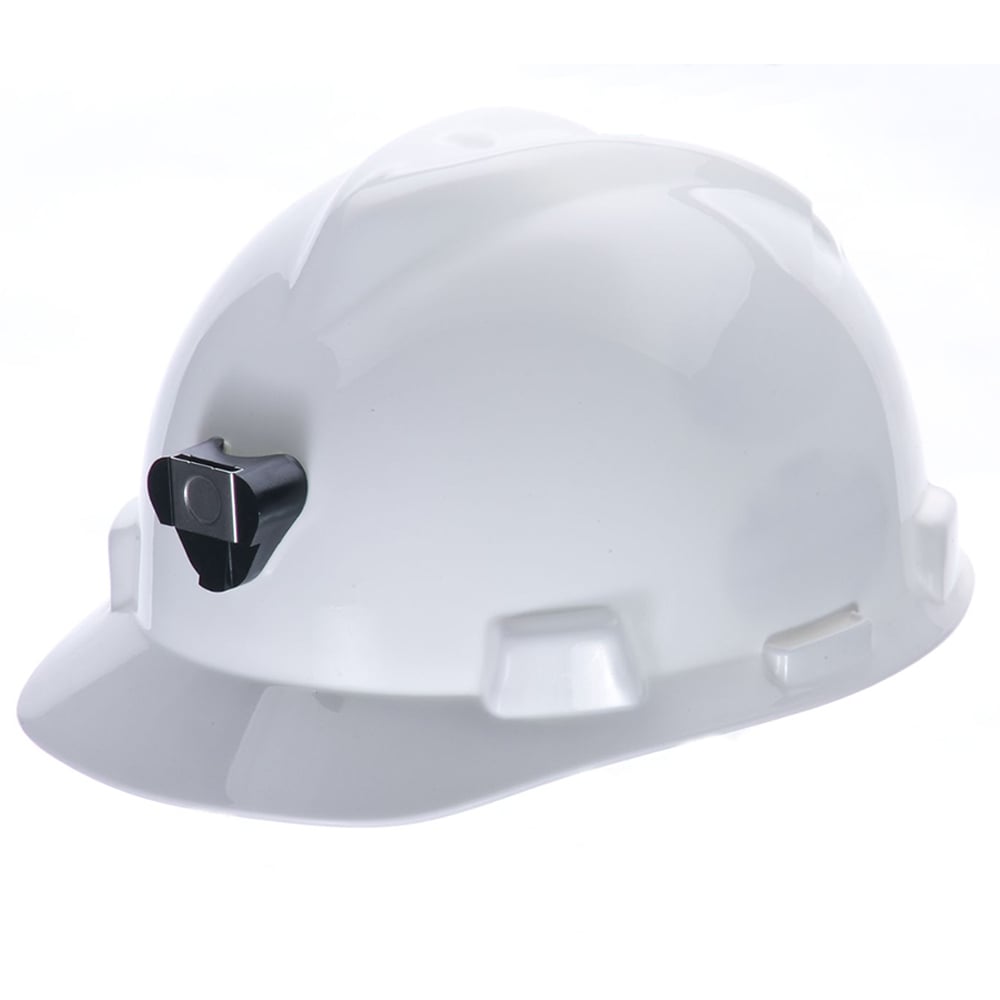 MSA V-Gard® Slotted Cap Style Hard Hat + Lamp Bracket & Cord Holder, White, Staz-On Pinlock