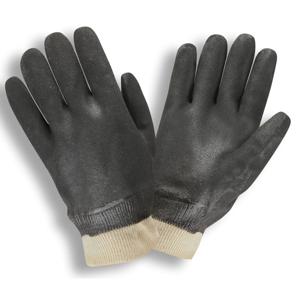 Black 2-Dipped Sandpaper Grip PVC Gloves/Jersey Lined + Knit Wrist, 1 dozen (12 pairs)