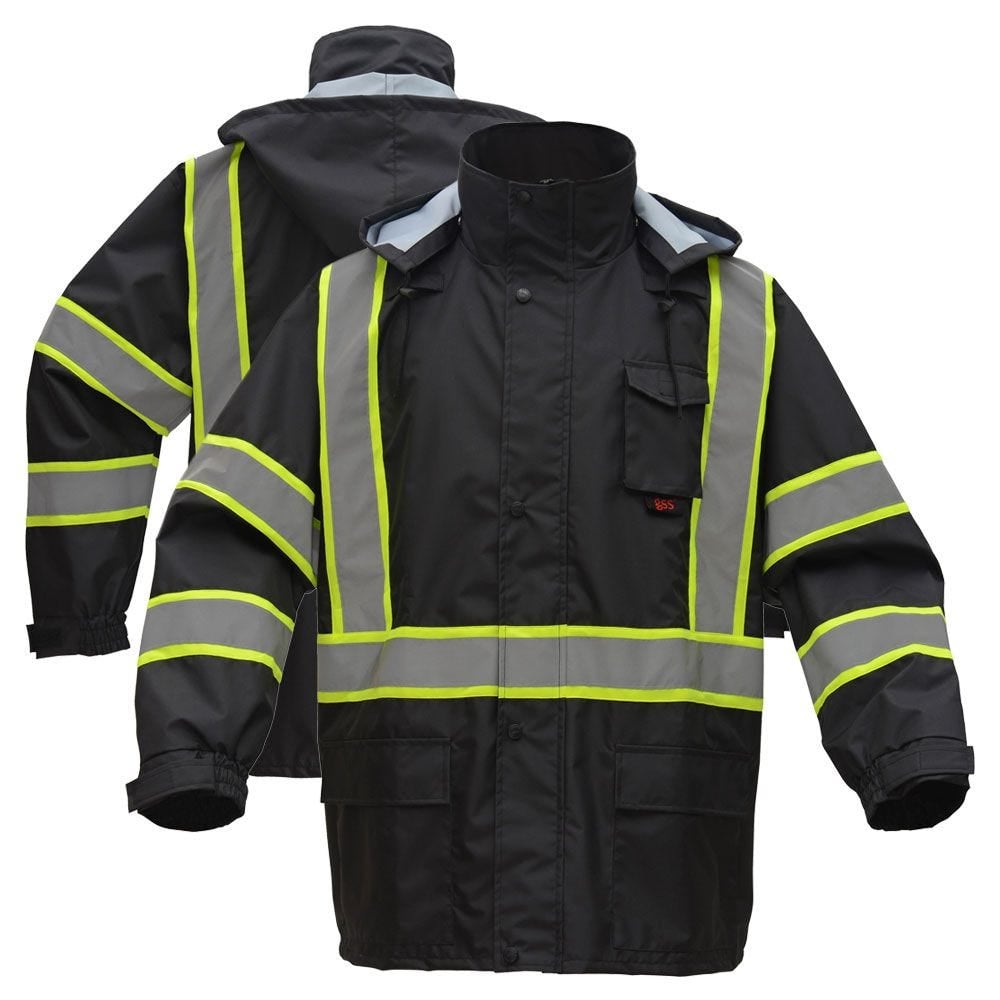 Hi-Vis Two-Tone Hooded Rain Jacket with Black Bottom, Premium Class 3