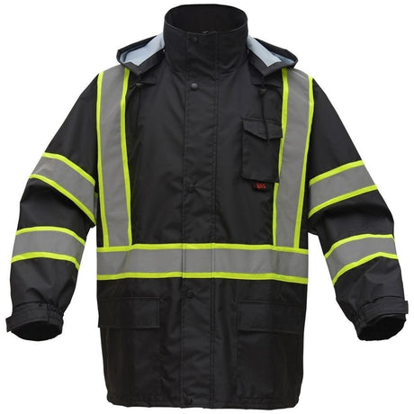 Hi-Vis Two-Tone Hooded Rain Jacket with Black Bottom, Premium Class 3