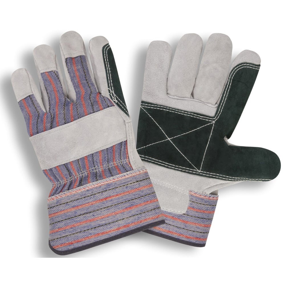 COR-7261 Split Cowhide Double Palm Glove/Striped Fabric Back+2.5 Cuff, 1 dozen (12 pairs)