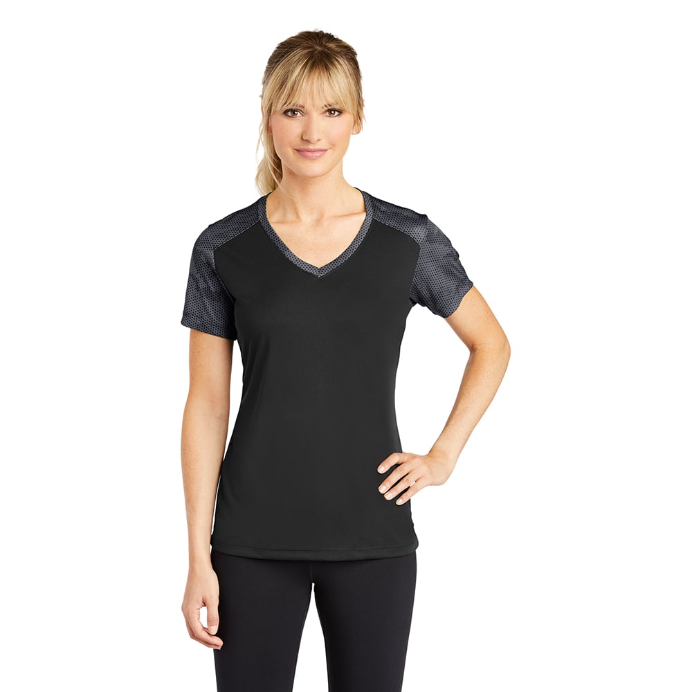 Sport-Tek LST371 Women's CamoHex Two-Tone V-Neck T-Shirt