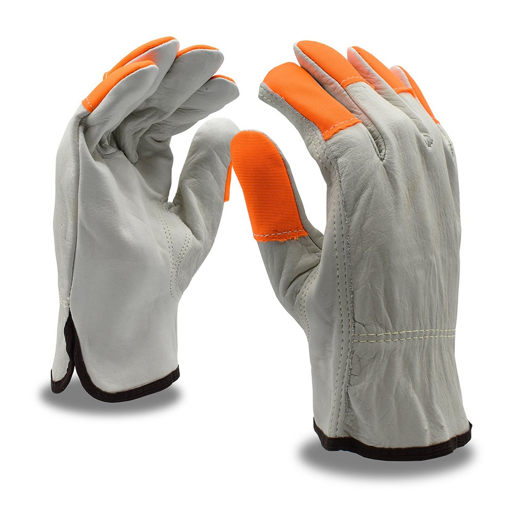 Cordova Cowhide Gloves with Hi Vis Orange Fabric Fingertips, 1 dozen (12 pairs)