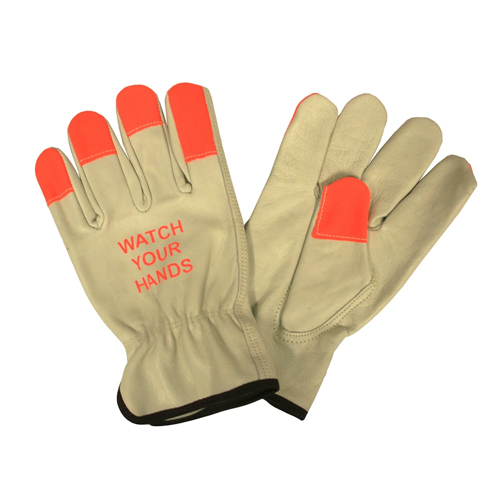 Cowhide Gloves with Hi Vis SE Fingertips + "WATCH YOUR HANDS" Imprint, 1 dozen (12 pairs)