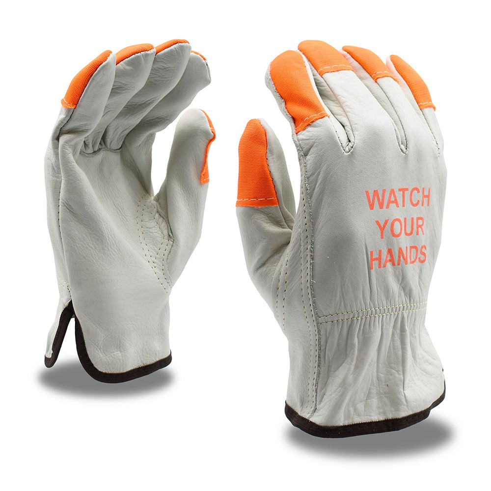 Cowhide Gloves with Hi Vis Fingertips + "WATCH YOUR HANDS" Imprint, 1 dozen (12 pairs)