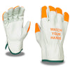 Cowhide Gloves with Hi Vis SE Fingertips + "WATCH YOUR HANDS" Imprint, 1 dozen (12 pairs)