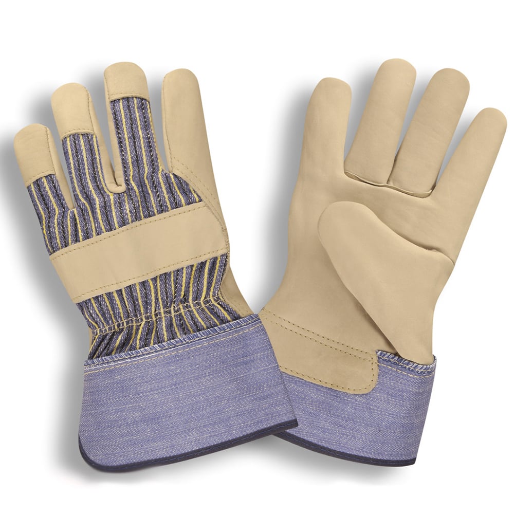 COR-8305 Leather Palm Gloves with Blue/Yellow Striped Canvas Back, 1 dozen (12 pairs)