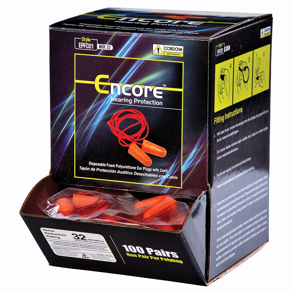 Encore Disposable Foam PU Corded Earplugs, 1 box (100 pairs)