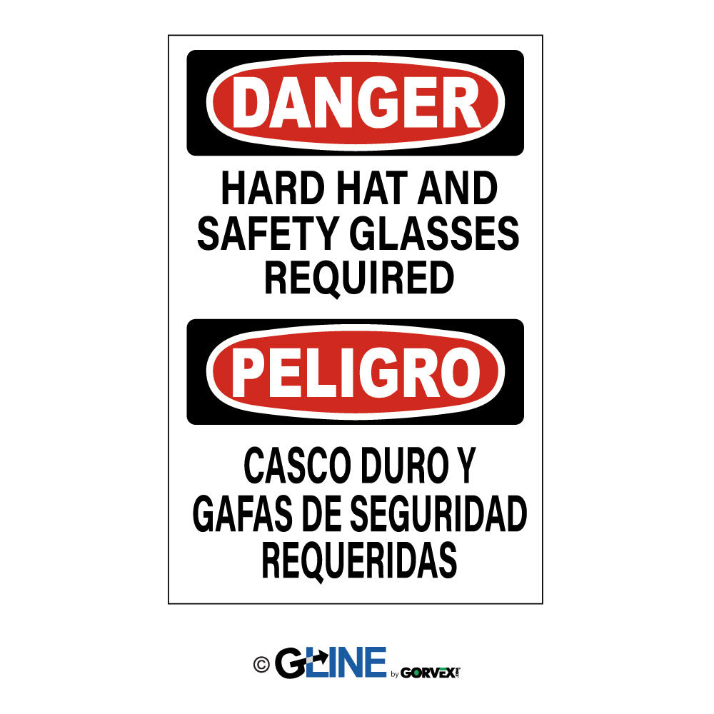 Hard Hat and Safety Glasses Required Peligro Casco Duro y Sign