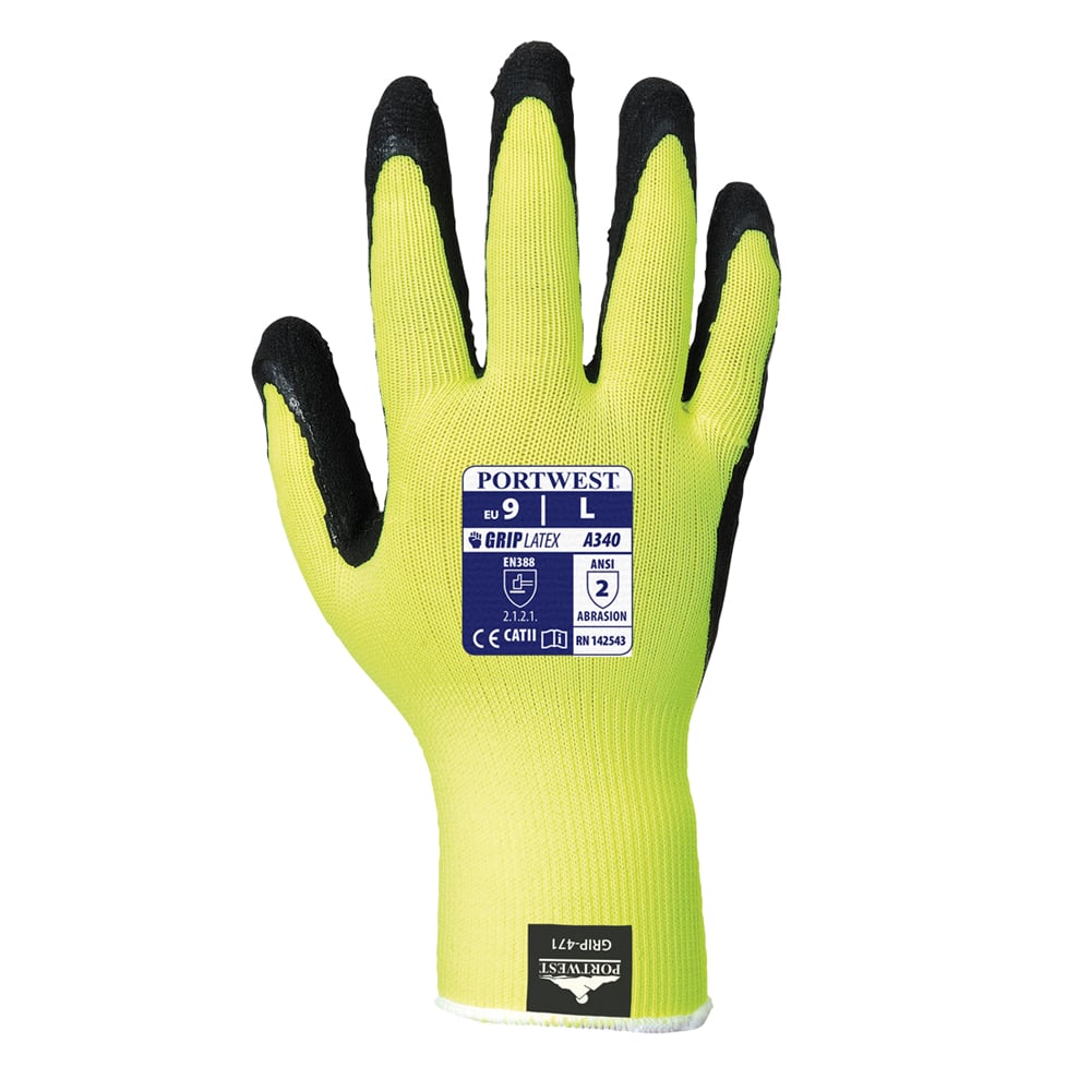 Portwest A340 Series Latex Foam Coating, Hi Vis Grip Gloves, 1 pair