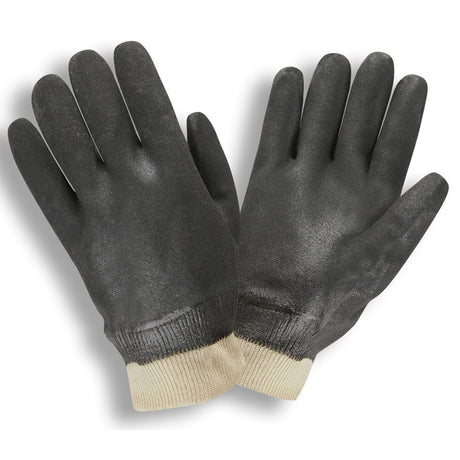 Black 2 - Dipped Sandpaper Grip PVC Gloves/Interlock Lined + Knit Wrist, 1 dozen (12 pairs) - Gorvex.com