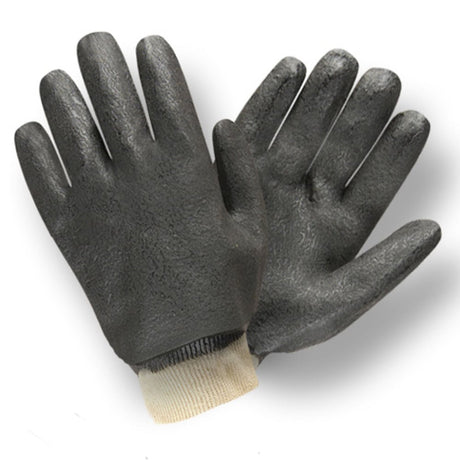 Black Double Dipped Etched PVC Gloves/Interlock Lined + Knit Wrist, 1 dozen (12 pairs) - Gorvex.com