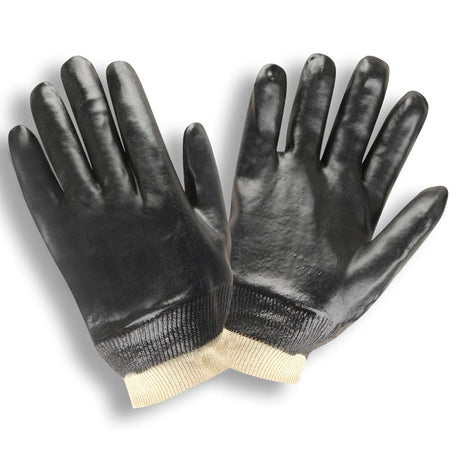 Black Single Dipped Smooth PVC Gloves/Interlock Lined + Knit Wrist, 1 dozen (12 pairs) - Gorvex.com