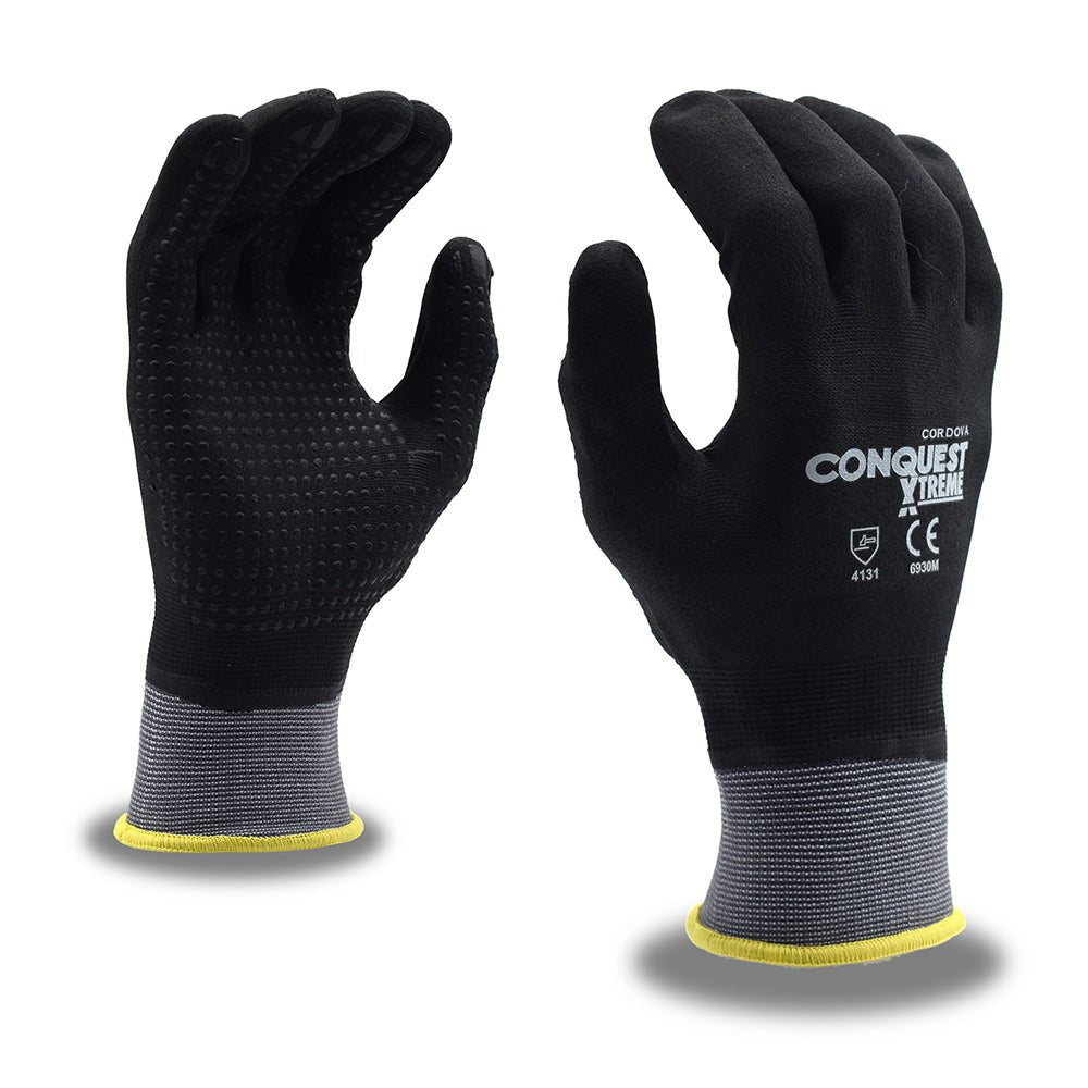 Conquest Xtreme™ Nylon/Spandex Gloves with Full Nitrile/PU Coat + Dots, 1 dozen (12 pairs) - Gorvex.com