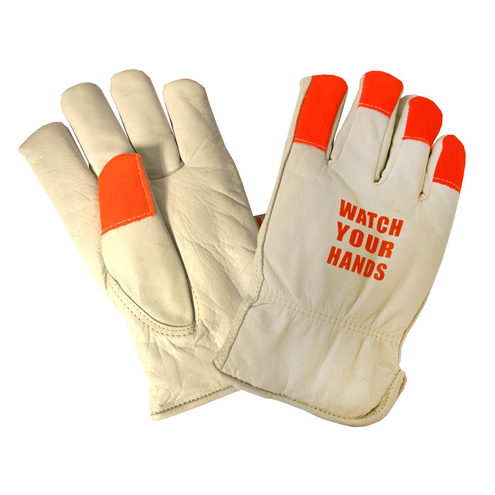 Cordova Hi Vis Cowhide Gloves with "Watch Your Hands" Imprint, 1 dozen (12 pairs) - Gorvex.com