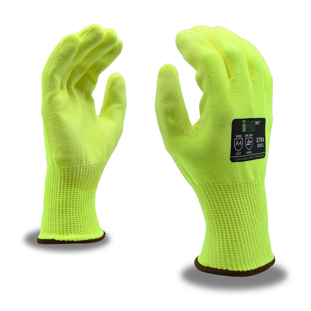Cordova ION - HV™ Hi - Vis HPPE PU Palm Coated Gloves, ANSI Cut A4, 1 pair - Gorvex.com