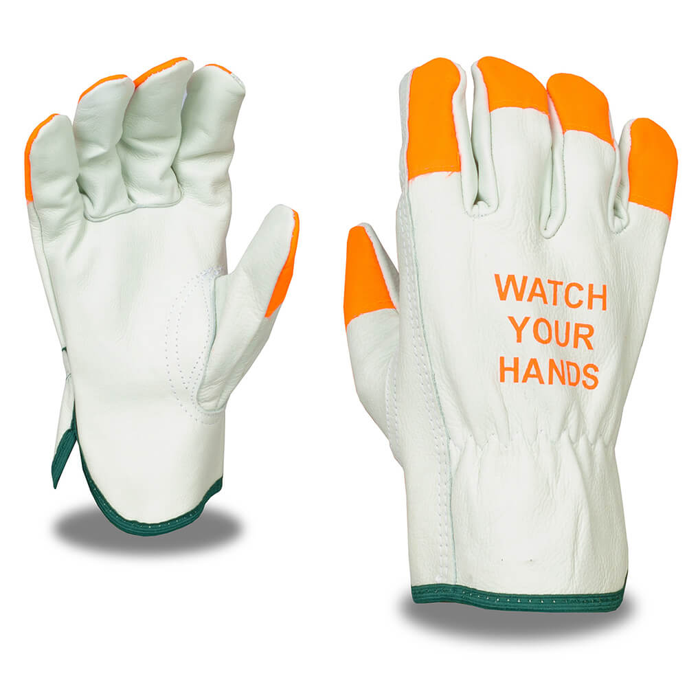 Cowhide Gloves with Hi Vis SE Fingertips + "WATCH YOUR HANDS" Imprint, 1 dozen (12 pairs) - Gorvex.com