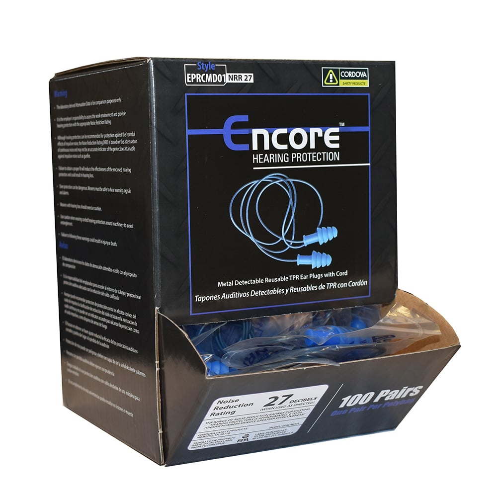 Encore Metal-Detectable TPR Corded Earplugs, 1 box (100 pairs)