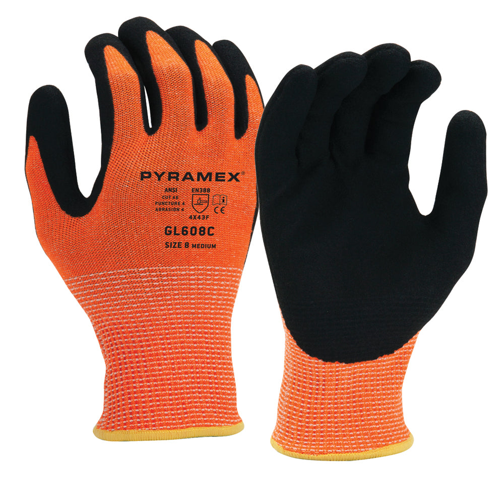 Pyramex GL608C Hi Vis Orange Glove with Sandy Nitrile + Cut Level A6, 1 pair