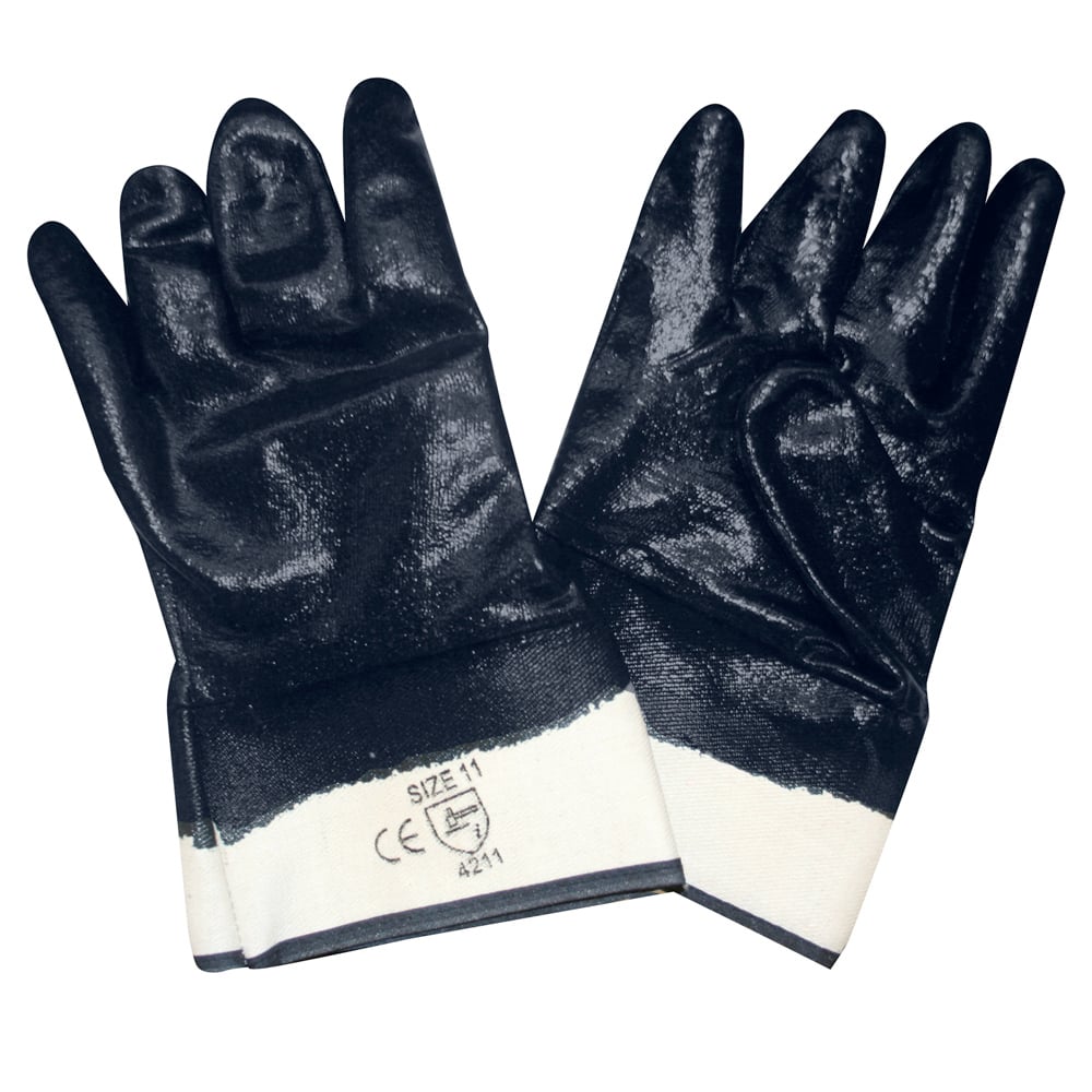 Heavy Nitrile Supported Smooth Coat Gloves/Jersey Lined + Safety Cuff, 1 dozen (12 pairs) - Gorvex.com