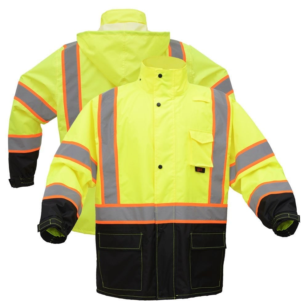 Hi - Vis Two - Tone Hooded Rain Jacket with Black Bottom, Premium Class 3 - Gorvex.com