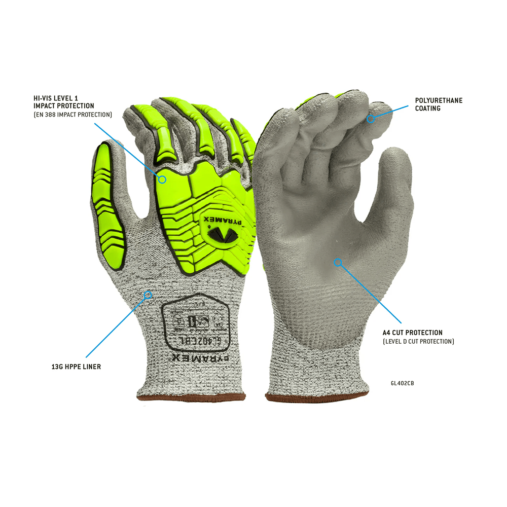 Pyramex GL402CB A4 Cut Resistant PU Palm Dipped Hi - Vis TPR Gloves, 1 pair - Gorvex.com
