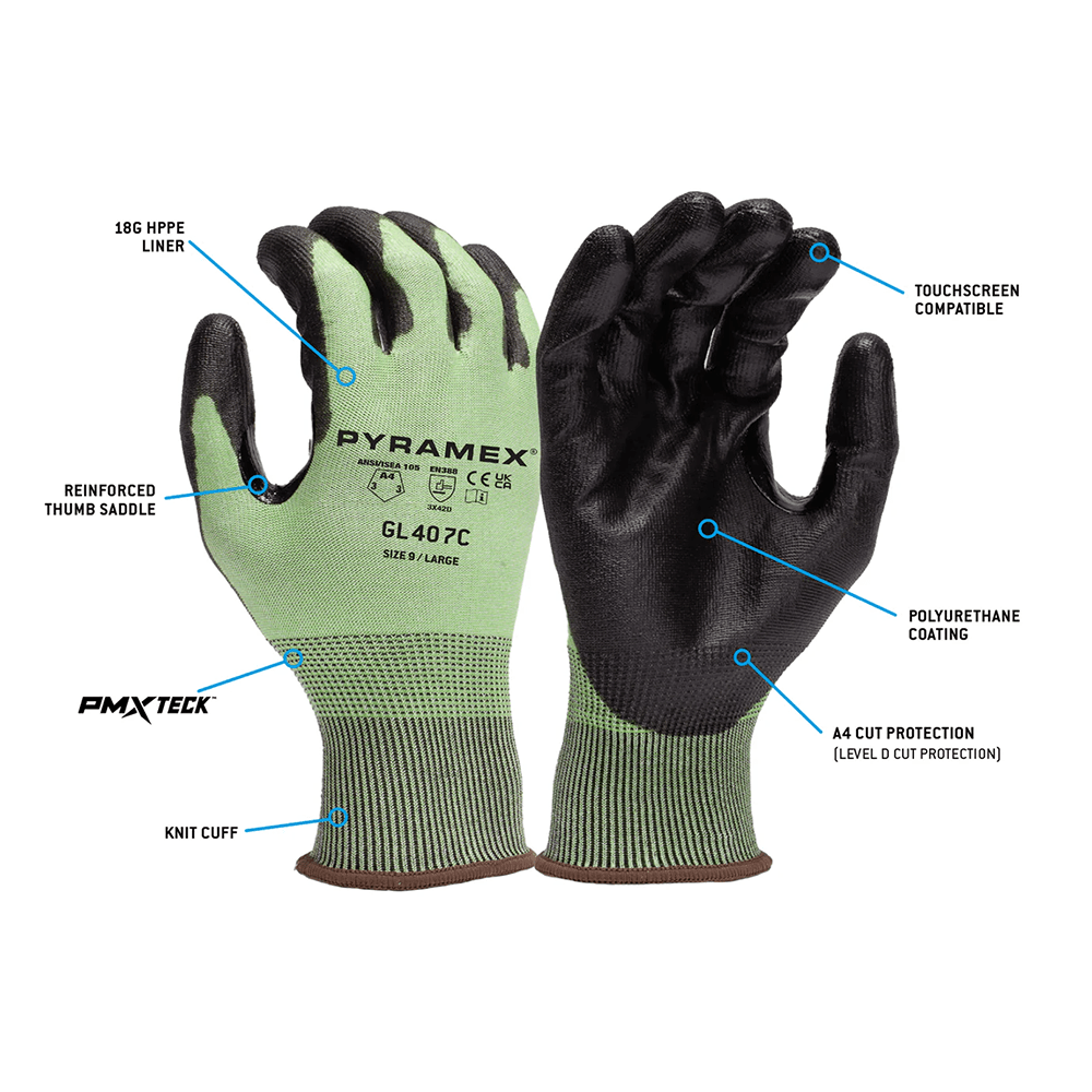 Pyramex GL407C A4 Cut PU Palm Coated Gloves with PMXTECK Material, 1 pair - Gorvex.com