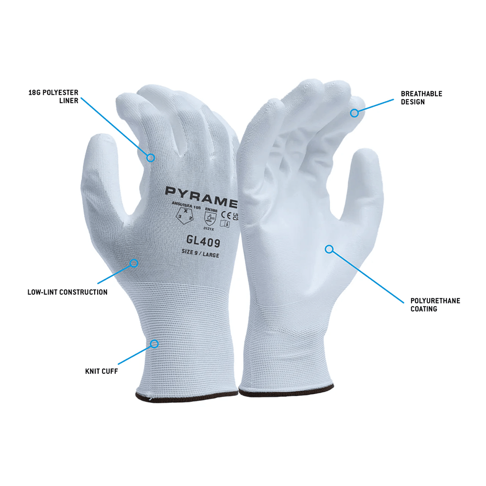 Pyramex GL409 PU Palm Coated 18 mil Low - Lint Work Gloves, 1 pair - Gorvex.com