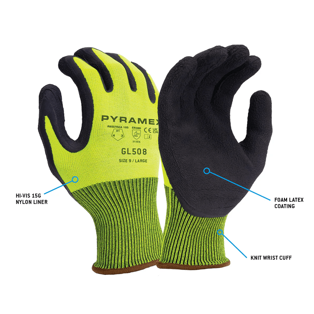 Pyramex GL508 Foam Latex Palm Coated Hi - Vis Work Gloves, 1 pair - Gorvex.com