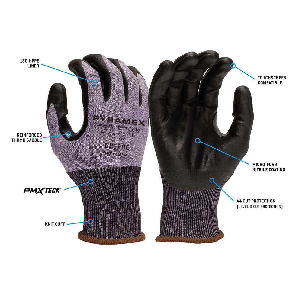 Pyramex GL620C A4 Cut Micro - Foam Nitrile Palm Gloves with Reinforced Thumb, 1 pair - Gorvex.com
