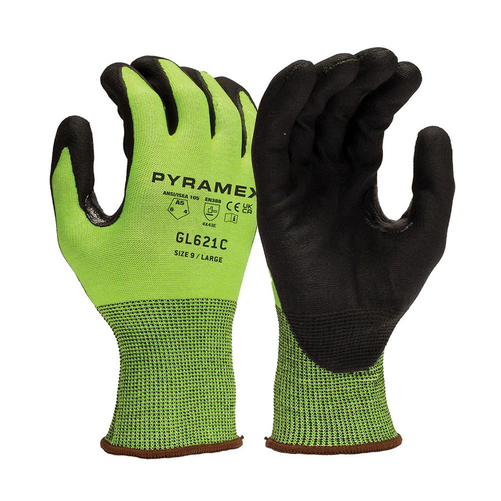 Pyramex GL621C Hi - Vis A5 Cut Nitrile Coated Gloves with Reinforced Thumb, 1 pair - Gorvex.com
