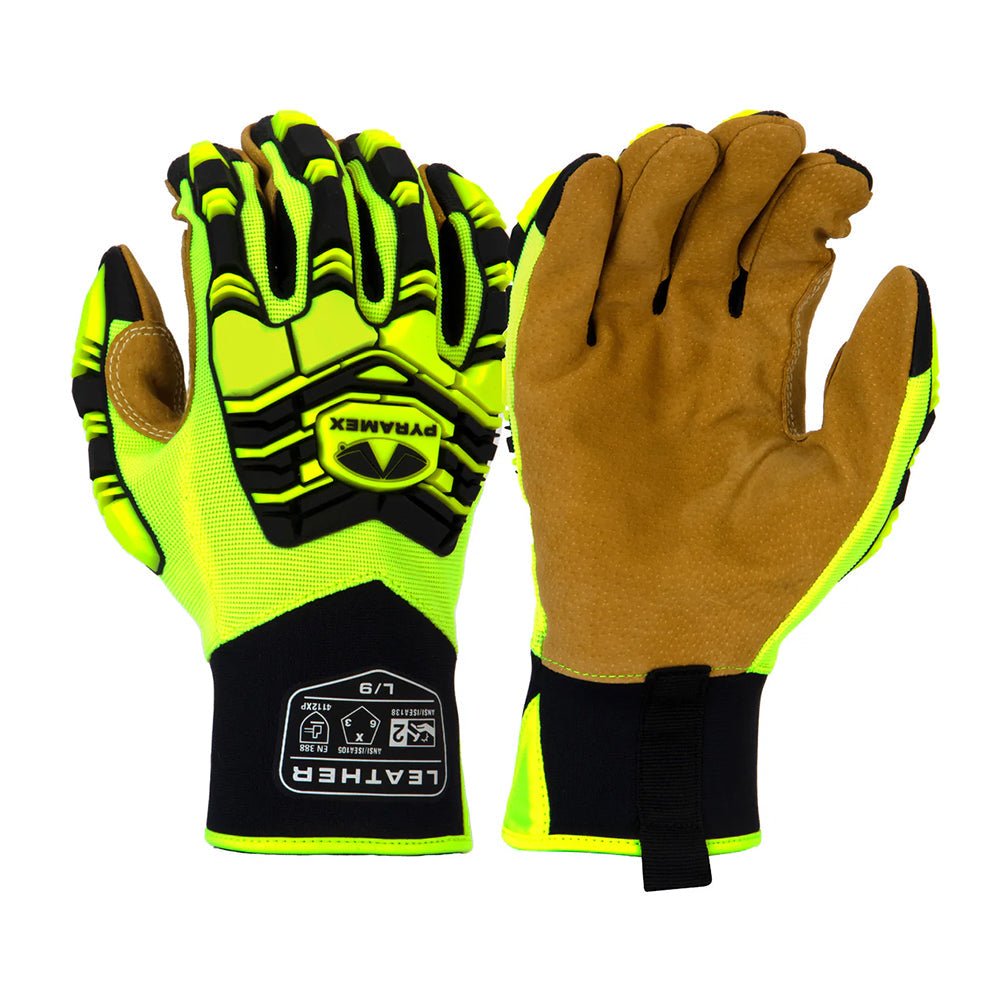 Pyramex GL805HT Hi - Vis ANSI Impact 2 Genuine Leather Palm Gloves, 1 pair - Gorvex.com