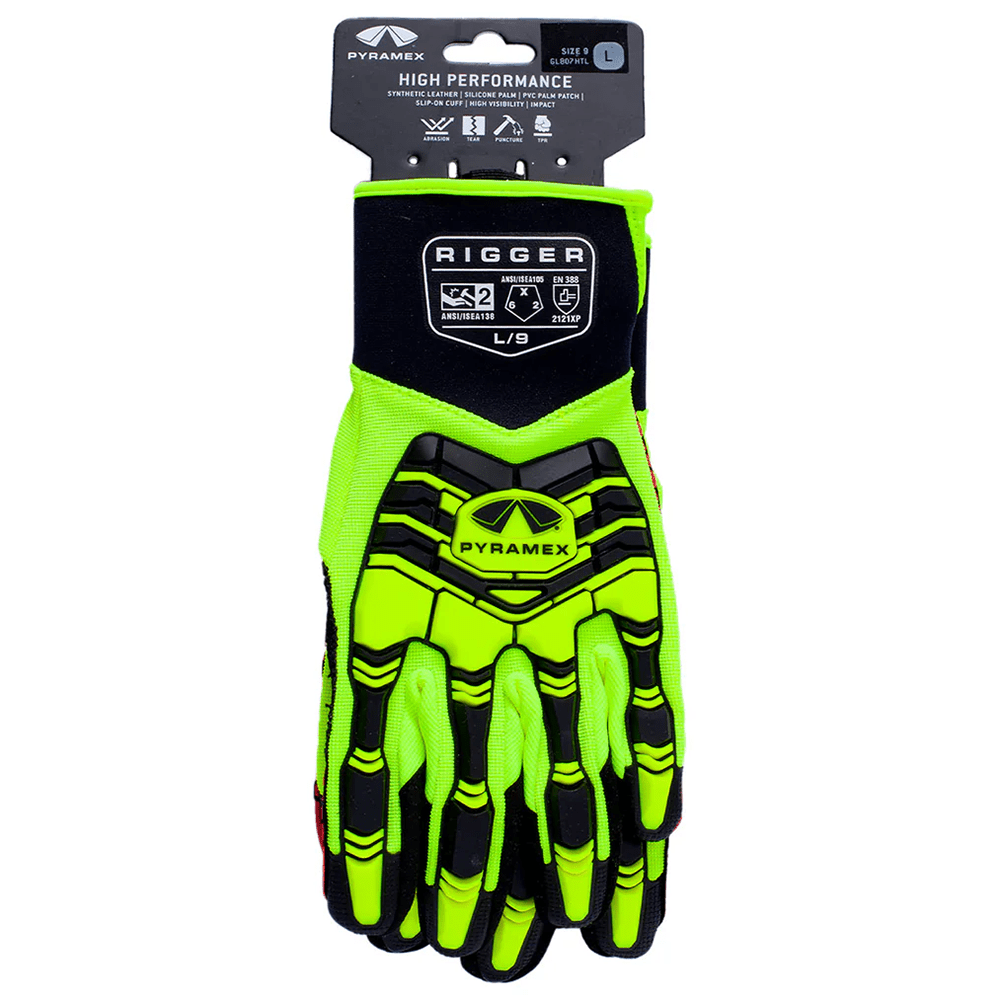 Pyramex GL807HT Hi - Vis Leather Palm Impact Gloves with PVC Patch & Silicone Print, 1 pair - Gorvex.com