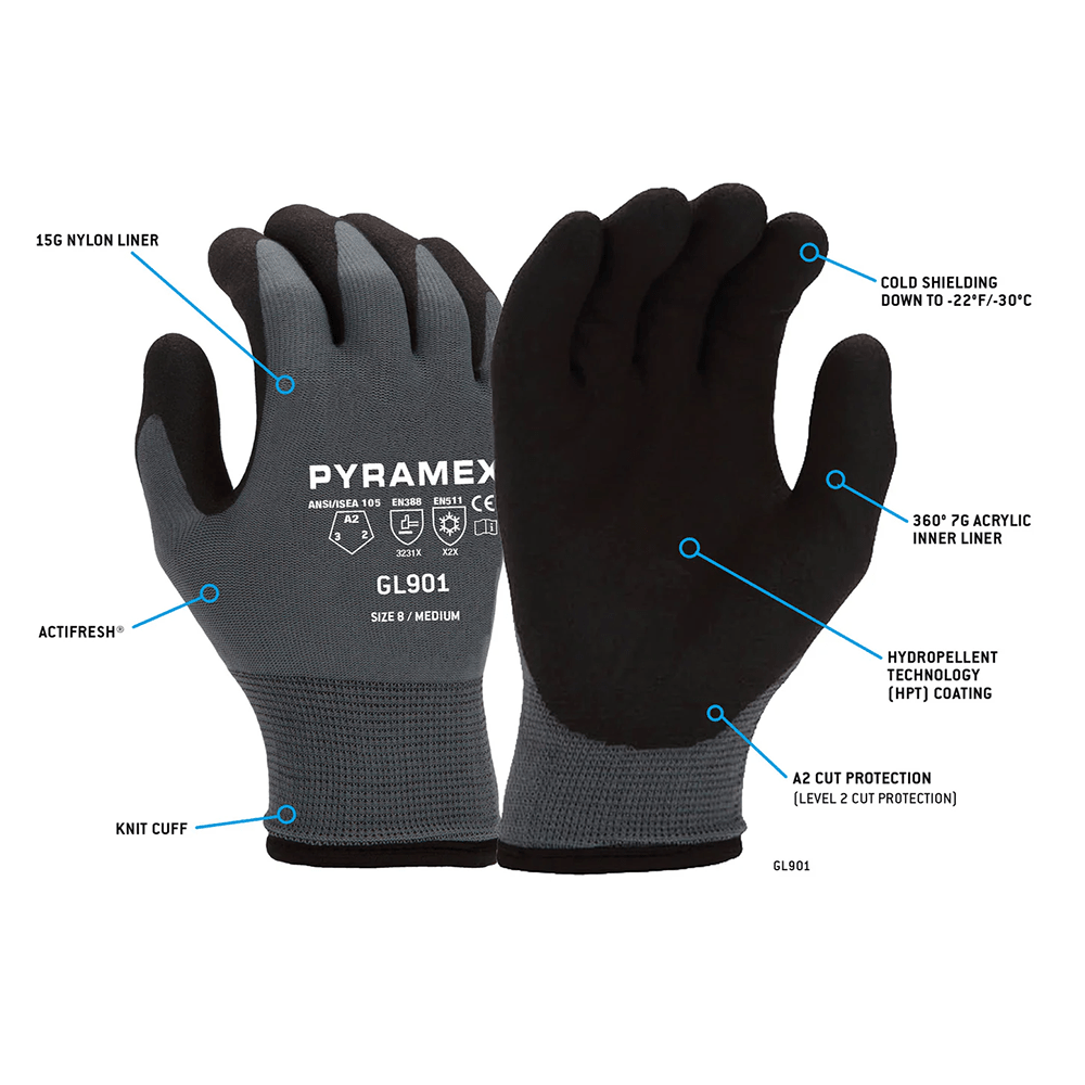 Pyramex GL901 A2 Cut Insulated HPT Palm Coated Work Gloves, 1 pair - Gorvex.com